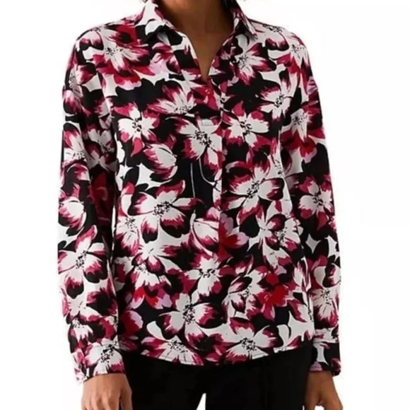 Rafaella Floral Relaxed Fit Pull Over Woven Blouse Womens Large High Lo Hem NWOT - Picture 2 of 9